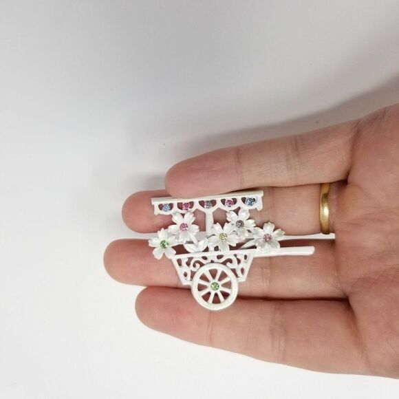 Vintage Flower Cart Rhinestone Brooch, White Enamel, Signed BJ, Estate - Picture 4 of 6